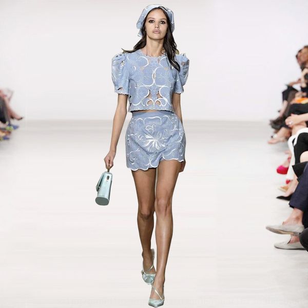 20 summer women's wear round neck bubble short sleeve blue hollowed suit pants suitpants setout embroidery skirt and trousers set ve, Gray
20 summer women's wear round neck bubble short sleeve blue hollowed suit pants suitpants setout embroidery skirt and trousers set ve, Gray