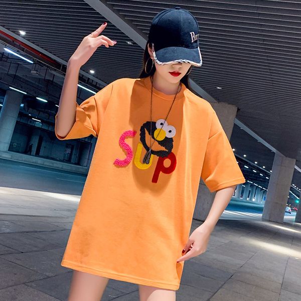l8889# early spring summer t-shirt female orange short sleeve fashion brand korean loose medium length top, White
l8889# early spring summer t-shirt female orange short sleeve fashion brand korean loose medium length top, White