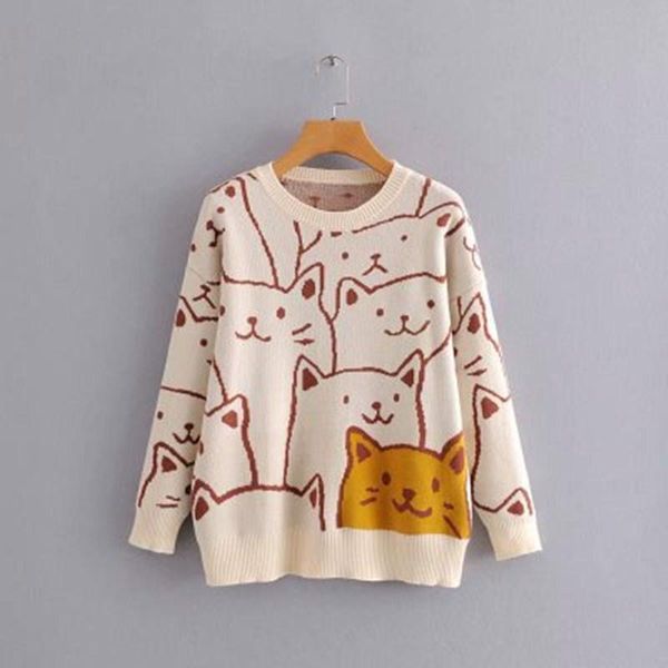 women's sweaters autumn and winter the han edition languid is lazy wind ladies' sweater round collar cartoon cat jacquard, White;black
women's sweaters autumn and winter the han edition languid is lazy wind ladies' sweater round collar cartoon cat jacquard, White;black