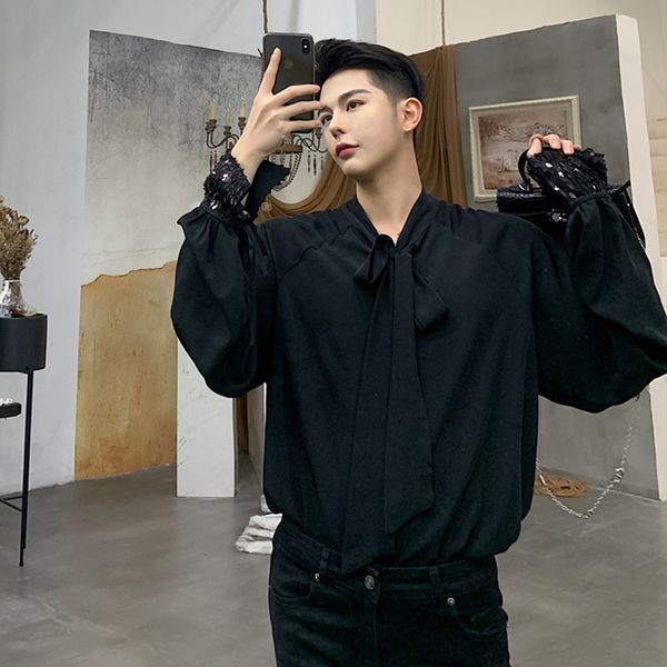 2021 new spring-style cuff-style sequin bow embellished long sleeve of popular korean men loose celebrity web shirt. kvri, Black
2021 new spring-style cuff-style sequin bow embellished long sleeve of popular korean men loose celebrity web shirt. kvri, Black