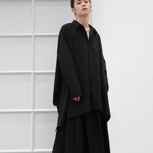 men's casual shirts oversized super long loose bat sleeves wild wide version shirt jacket tide large bf style korean trend fairy, White;black 
men's casual shirts oversized super long loose bat sleeves wild wide version shirt jacket tide large bf style korean trend fairy, White;black