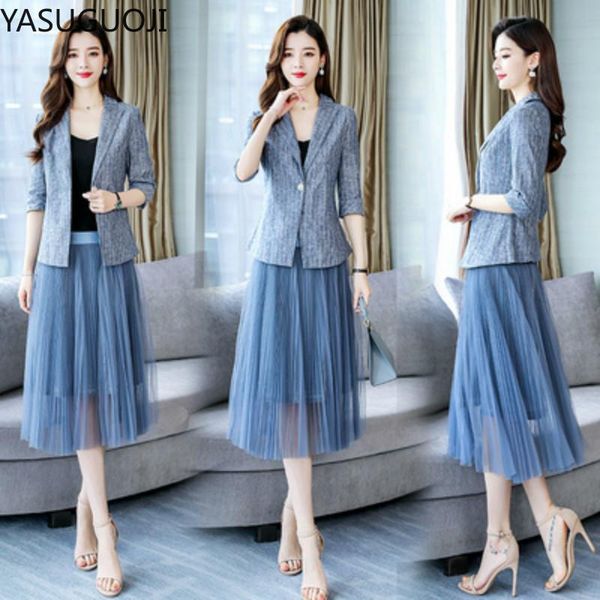 yasuguoji new 2021 fashion slim fit half-sleeve blazer and mesh skirt suits office lady blue tulle skirt suits 2 piece work suit, White 
yasuguoji new 2021 fashion slim fit half-sleeve blazer and mesh skirt suits office lady blue tulle skirt suits 2 piece work suit, White