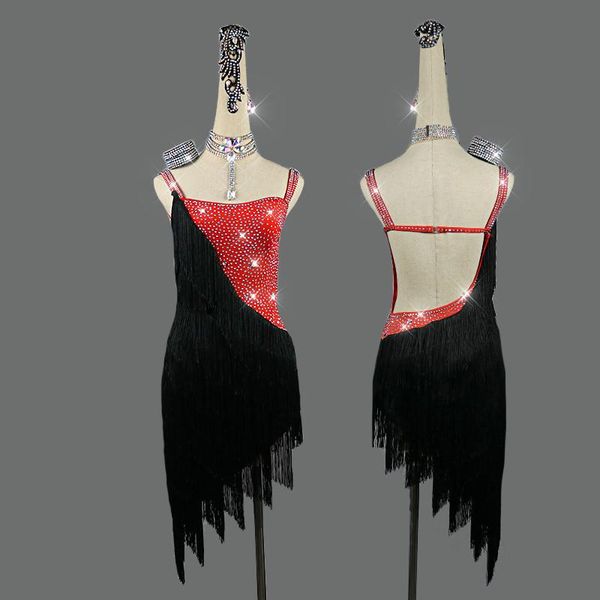 shiny rhinestone latin dance dress women black tassel skirt backless club dancer singer entertainer performance costume, Black;red
shiny rhinestone latin dance dress women black tassel skirt backless club dancer singer entertainer performance costume, Black;red