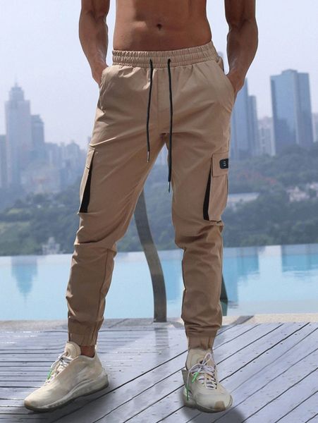 men drawstring waist letter patch detail cargo pants b1os#, Black 
men drawstring waist letter patch detail cargo pants b1os#, Black