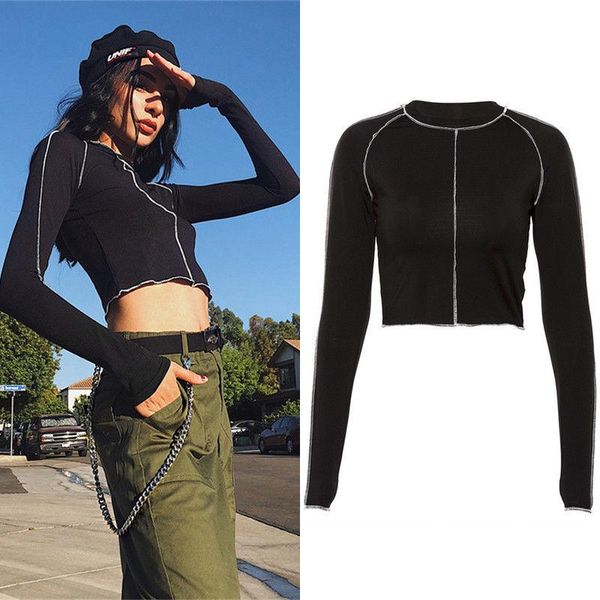 women's t-shirt long sleeve slim fit black street stylish cool short stretch pullover tee mujer manga larga, White
women's t-shirt long sleeve slim fit black street stylish cool short stretch pullover tee mujer manga larga, White