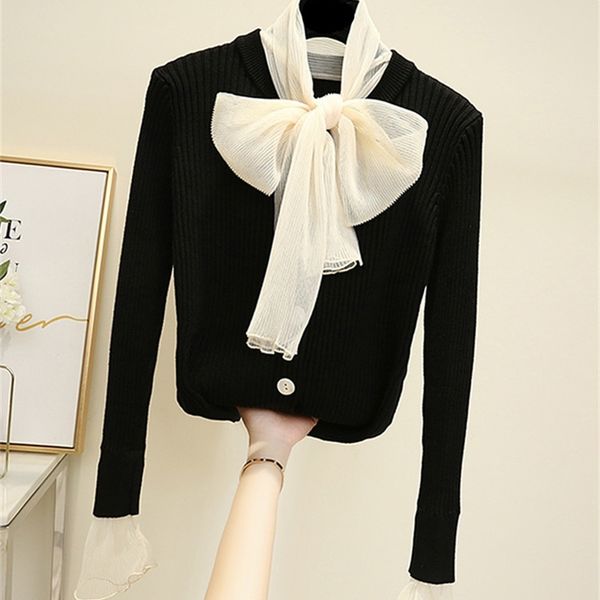 lace mesh patchwork knitted women sweaters autumn fake two piece ladies pullovers bow full sleeve sweater 201221, White;black
lace mesh patchwork knitted women sweaters autumn fake two piece ladies pullovers bow full sleeve sweater 201221, White;black