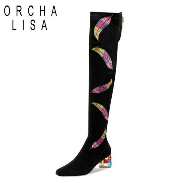 ORCHA LISA Womens Shoes Designer Black thigh high boots low heel Rhinestone Flock Embroidery Sexy long boots botines mujer
ORCHA LISA Womens Shoes Designer Black thigh high boots low heel Rhinestone Flock Embroidery Sexy long boots botines mujer