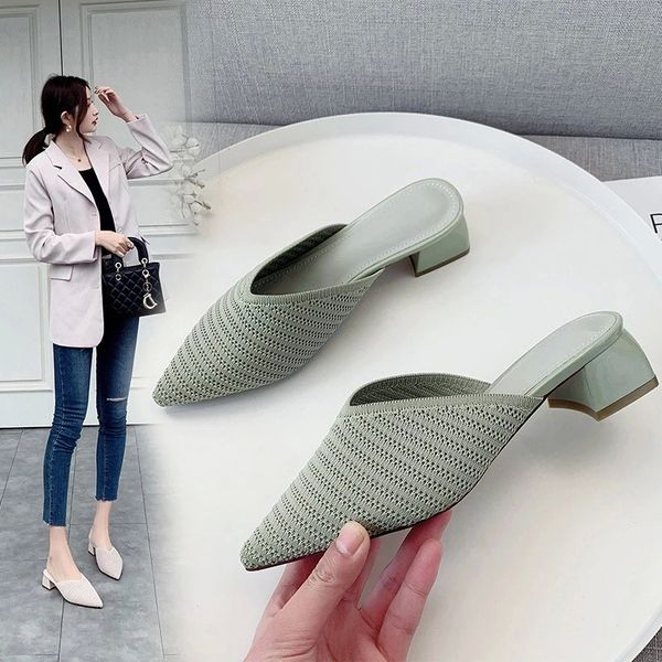 women summer pointed toe slippers ladies knitting stretch fabric cone heels woman shoes female casual comfort sandals 2020 #vy45, Black 
women summer pointed toe slippers ladies knitting stretch fabric cone heels woman shoes female casual comfort sandals 2020 #vy45, Black