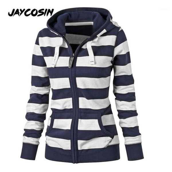 jaycosin new fashion women casual stripe pocket zip hoodie sweatshirt striped girl cardigan warm jacket loose thick coat1, Black