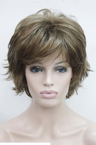 super light brown with blonde highlight highlights wavy flip ends lady' synthetic short wig, Black
super light brown with blonde highlight highlights wavy flip ends lady' synthetic short wig, Black