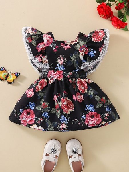 baby floral print ruffle trim contrast lace dress she, Red;yellow