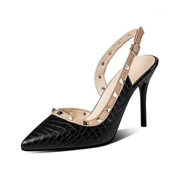 dress shoes est design fashion rivet ladies pointed shallow mouth high heel single women's summer style sandals woman shoes1, Black