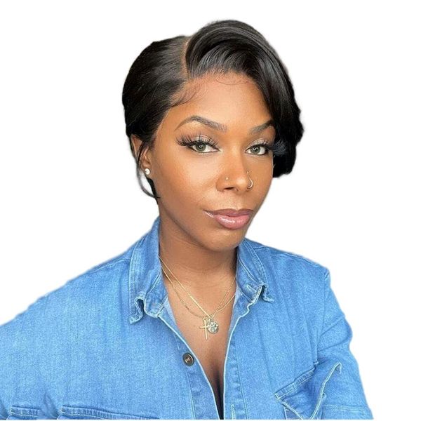 short pixie cut with bangs human hair wigs for black women side part lace front bob wigs colored brazilian, Black;brown
short pixie cut with bangs human hair wigs for black women side part lace front bob wigs colored brazilian, Black;brown