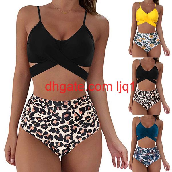 2020 new swimsuit cross high waist leopard print split two piece swimsuit, White;black
2020 new swimsuit cross high waist leopard print split two piece swimsuit, White;black