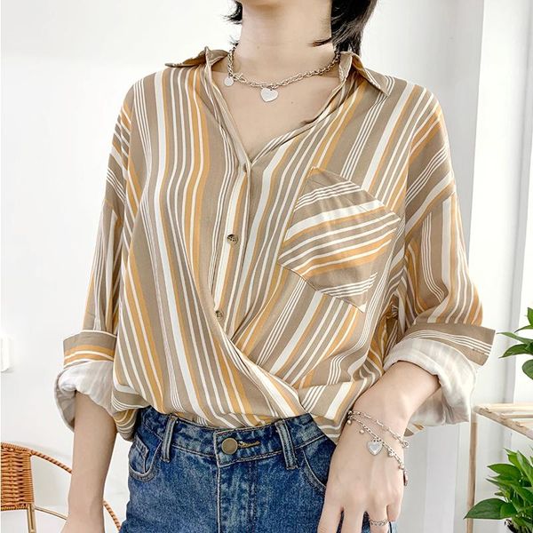 women vertical striped shirt 100% rayon turn-down collar long sleeve one pocket early autumn blouse, White
women vertical striped shirt 100% rayon turn-down collar long sleeve one pocket early autumn blouse, White