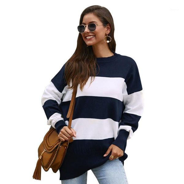 women's pullover sweater side slit autumn and winter crew neck color block stripe sweater knitted jumper oversized1, White;black
women's pullover sweater side slit autumn and winter crew neck color block stripe sweater knitted jumper oversized1, White;black