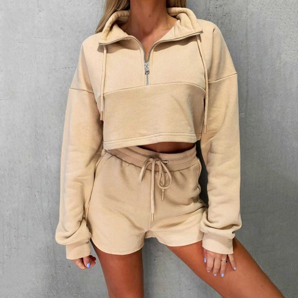 women's casual sports suit autumn cropped high-waist shorts lace-up long sleeve elastic zipper decoration sets, White;black
women's casual sports suit autumn cropped high-waist shorts lace-up long sleeve elastic zipper decoration sets, White;black
