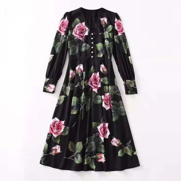european and american women's 2021 new style for spring long sleeved v-neck rose print dress, Black;gray
european and american women's 2021 new style for spring long sleeved v-neck rose print dress, Black;gray