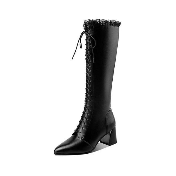 genuine leather lace up boots woman high heels pointed toe knee high boots winter party working slim long shoes, Black
genuine leather lace up boots woman high heels pointed toe knee high boots winter party working slim long shoes, Black