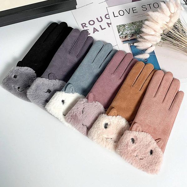 new winter female warm plush cute mittens double thick plush wrist women touch screen driving gloves, Blue;gray