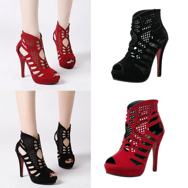 women summer roman casual fashion hollow fish mouth high heels shoes party wedding pointed toe#56, Black