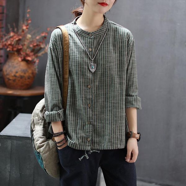 autumn arts style women long sleeve loose striped shirts stand collar vintage cotton linen blouse plus size ladies d411, White
autumn arts style women long sleeve loose striped shirts stand collar vintage cotton linen blouse plus size ladies d411, White