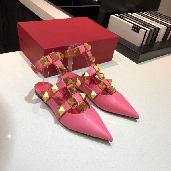 new rivet pointed toe flat leather sandals with orange buckle flat heel women's shoes, Black