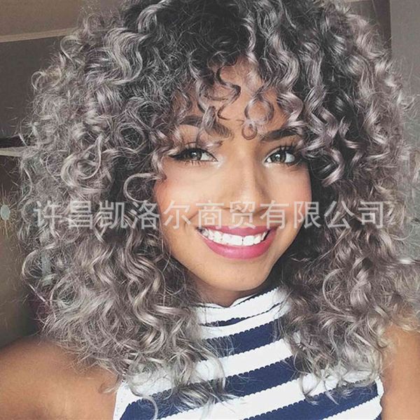 long curly gradually ffy gray female short wig head set chemical fiber hair, Black
long curly gradually ffy gray female short wig head set chemical fiber hair, Black