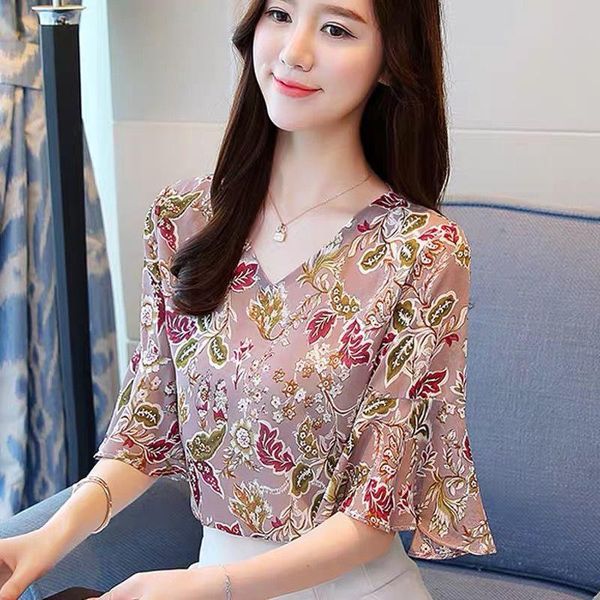 women chiffon blouses shirts lady summer casual short flare sleeve v-neck flower printed blusas df2899, White
women chiffon blouses shirts lady summer casual short flare sleeve v-neck flower printed blusas df2899, White