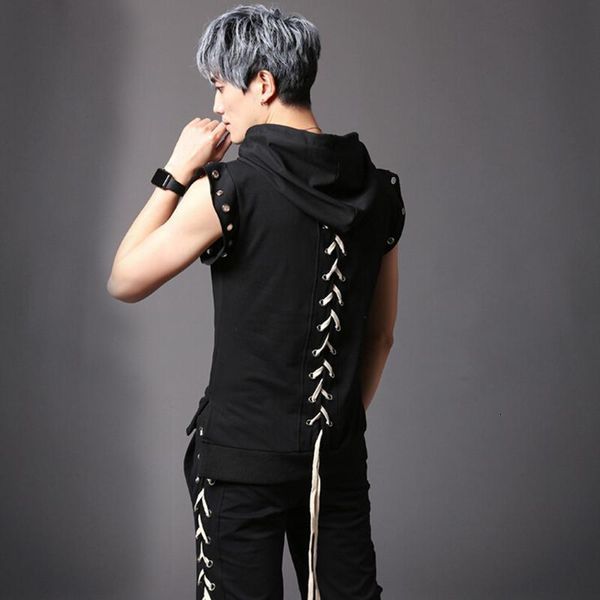 men hip hop punk hooded t shirt nightclub singer stage costume man hiphop tee shirts back lacing design streetwear, White;black
men hip hop punk hooded t shirt nightclub singer stage costume man hiphop tee shirts back lacing design streetwear, White;black