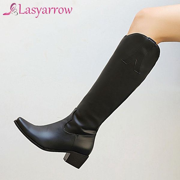

boots lasyarrow womens retro knee high handmade leather long booties women thick heel cowboy fashion casual shoes, Black