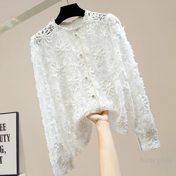 black lace blouse women beaded diamond sweet three-dimensional flower lace female lady hollow perspective long sleeve shirts top, White
black lace blouse women beaded diamond sweet three-dimensional flower lace female lady hollow perspective long sleeve shirts top, White