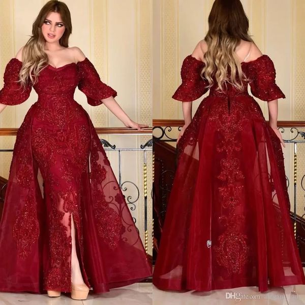 saudi arabia burgundy evening dresses with detachable skirt off shoulder short sleeve formal prom dresses arabic front slit, Black
saudi arabia burgundy evening dresses with detachable skirt off shoulder short sleeve formal prom dresses arabic front slit, Black