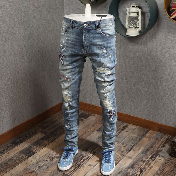 2021 new american streetwear fashion slim fit elastic ripped men destroyed embroidery designer hip hop jeans z97a, Blue
2021 new american streetwear fashion slim fit elastic ripped men destroyed embroidery designer hip hop jeans z97a, Blue