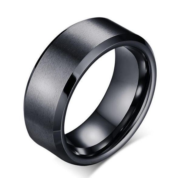 designer mens brushed black tungsten ring wholesales bevel edges 8mm, Silver 
designer mens brushed black tungsten ring wholesales bevel edges 8mm, Silver