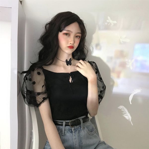 2020 summer women's transparent wave point bubble sleeve dot mesh coat sleeve splicing knitted women imvqo, White;black
2020 summer women's transparent wave point bubble sleeve dot mesh coat sleeve splicing knitted women imvqo, White;black