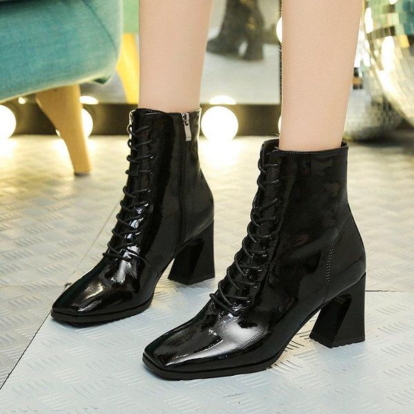 black green women patent leather ankle boots high heels fashion lace up square toe boots plush warm winter short booties 2020
black green women patent leather ankle boots high heels fashion lace up square toe boots plush warm winter short booties 2020