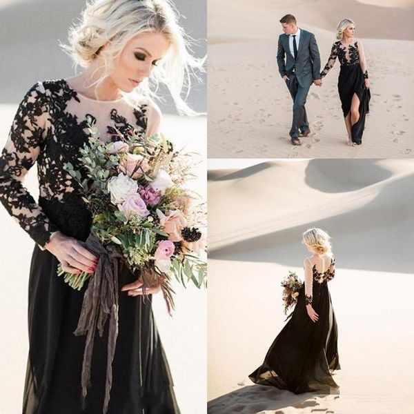 black lace chiffon beach wedding dresses high split illusion long sleeve sheer neck boho bridal gowns custom made plus size, White
black lace chiffon beach wedding dresses high split illusion long sleeve sheer neck boho bridal gowns custom made plus size, White
