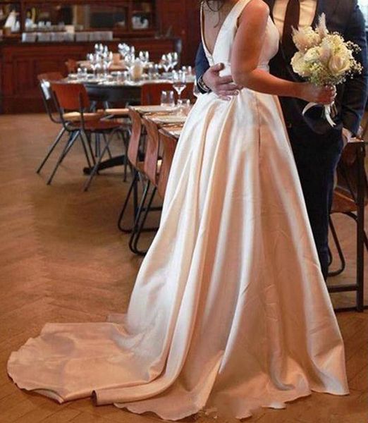 2020 elegant satin a-line wedding dresses bateau sweep train bridal gowns simple plus size wedding gowns, White
2020 elegant satin a-line wedding dresses bateau sweep train bridal gowns simple plus size wedding gowns, White