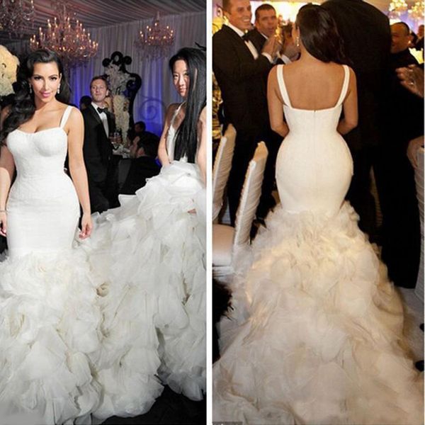 2021 kim kardashian wedding dresses with ruffles tiers strapless mermaid wedding bride gowns chapel train plus size, White
2021 kim kardashian wedding dresses with ruffles tiers strapless mermaid wedding bride gowns chapel train plus size, White