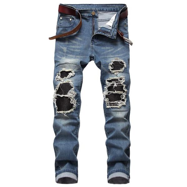men's ripped street hip hop punk bike jeans skinny stretch holes denim trousers male straight black pants 42, Blue
men's ripped street hip hop punk bike jeans skinny stretch holes denim trousers male straight black pants 42, Blue