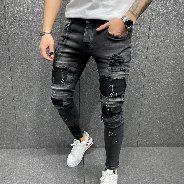 men's jeans ripped hole men patchwork slim ggrid man pencil pants locomotive denim jogging trousers, Blue
men's jeans ripped hole men patchwork slim ggrid man pencil pants locomotive denim jogging trousers, Blue