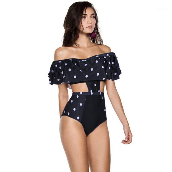 women fashion boat neck collar ruffle pringting swimsuit1, White;black
