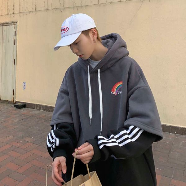 hooded sweater men's autumn winter style plush thickened ins fake two coats salt lovers loose young students, Black
hooded sweater men's autumn winter style plush thickened ins fake two coats salt lovers loose young students, Black