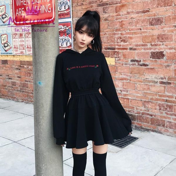 new style spring autumn women mini dress rose letter embroidered hooded long sleeve gothic girls black dress, Black;gray 
new style spring autumn women mini dress rose letter embroidered hooded long sleeve gothic girls black dress, Black;gray