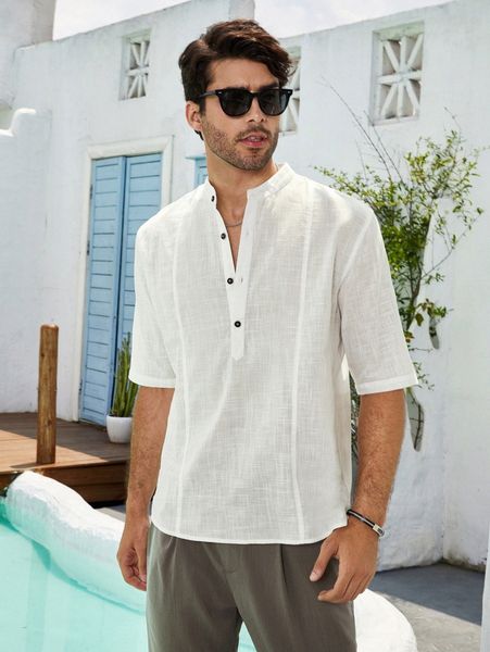 men half button roll up sleeve shirt a0tv#, White;black
men half button roll up sleeve shirt a0tv#, White;black