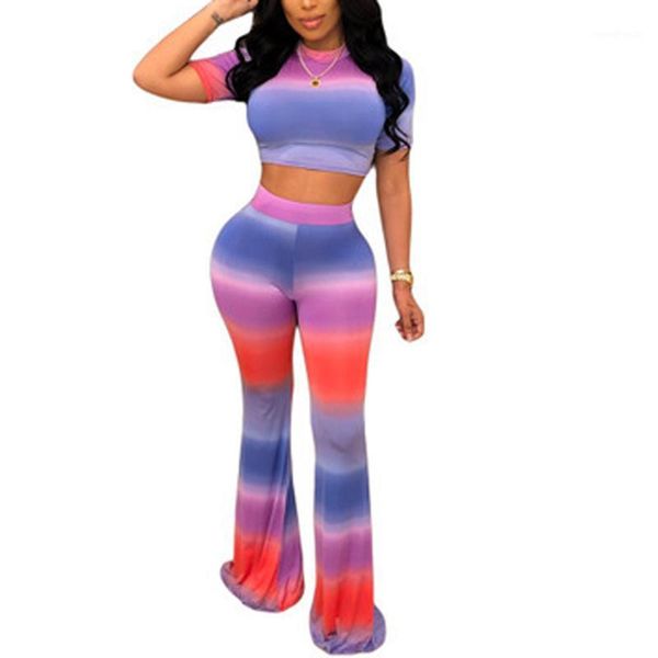 women 2-piece outfit sets tie dyeing pattern short sleeve crop slim high waist elastic band long bell-bottom pants set1, White;red
women 2-piece outfit sets tie dyeing pattern short sleeve crop slim high waist elastic band long bell-bottom pants set1, White;red