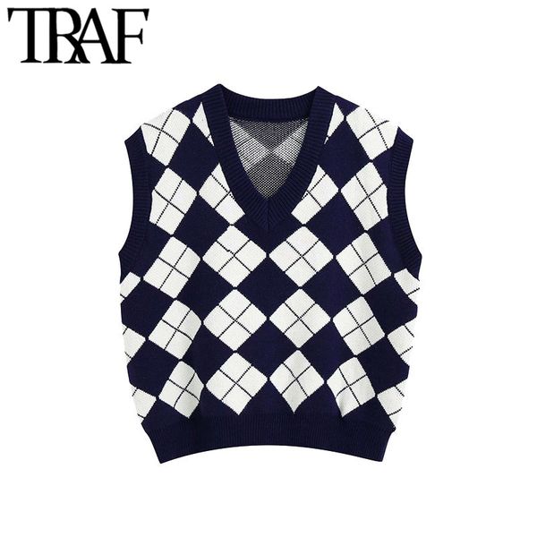 traf women fashion england style argyle pattern knitted vest sweater vintage sleeveless loose female waistcoat chic 201123, White;black
traf women fashion england style argyle pattern knitted vest sweater vintage sleeveless loose female waistcoat chic 201123, White;black