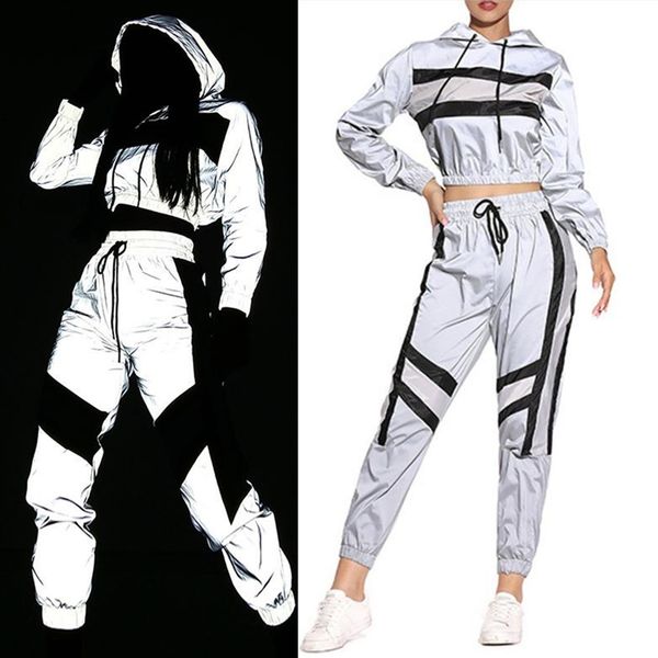 2 pcs women reflective outfits, adults long sleeve color block hooded crop + pants with drawstring, White
2 pcs women reflective outfits, adults long sleeve color block hooded crop + pants with drawstring, White