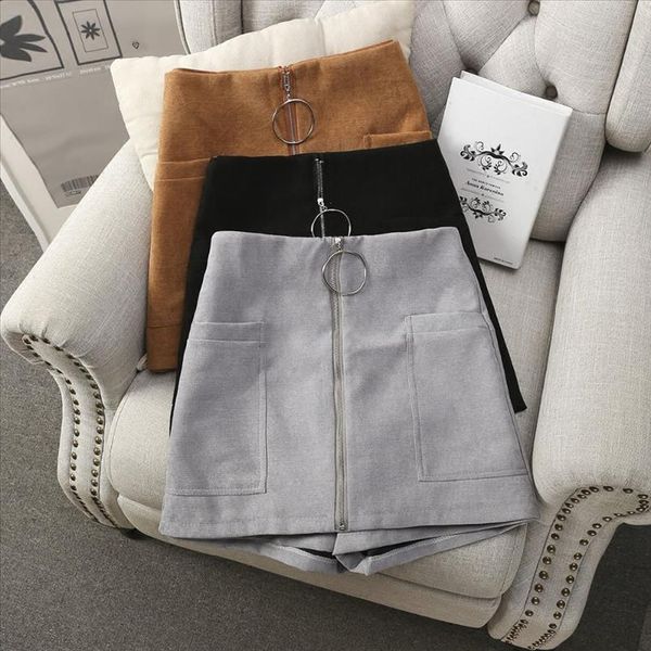 high waist ring zipper shorts 2021 winter new wide leg skirt shorts black shorts female slim skirt, White;black 
high waist ring zipper shorts 2021 winter new wide leg skirt shorts black shorts female slim skirt, White;black